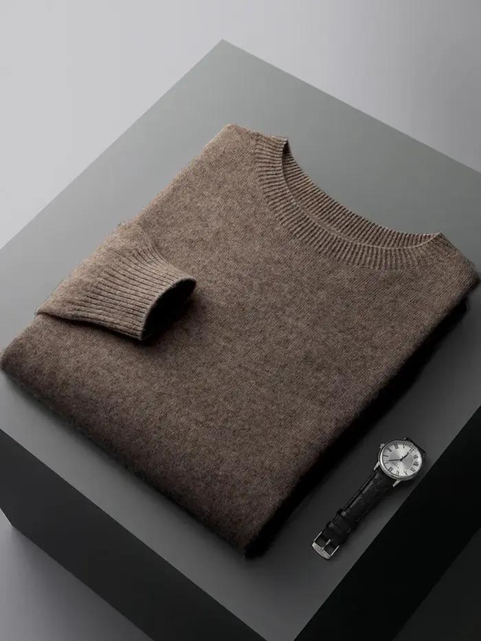 Pull basique en laine sans couture pour homme, col rond, couleur unie, 100% laine mérinos, tricot dé