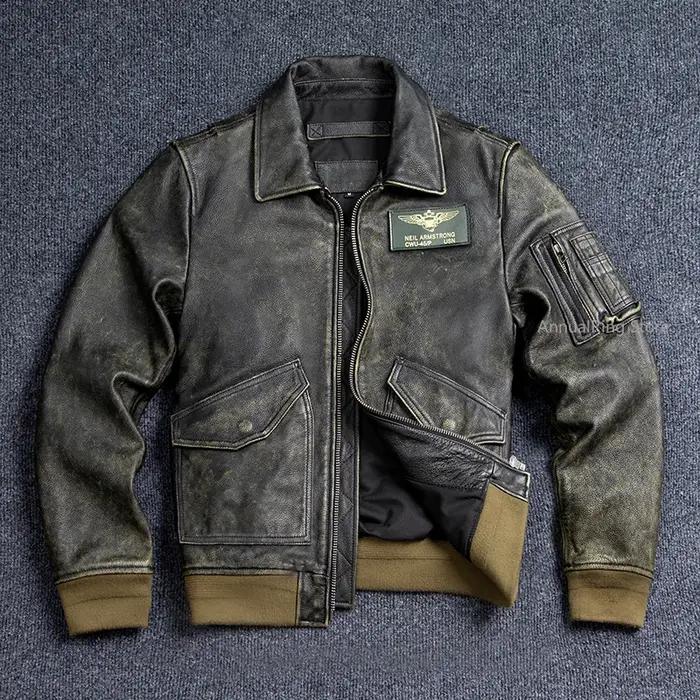 Veste bombardier en cuir véritable 45P, manteau Vintage grande taille en cuir de vache véritable, ti