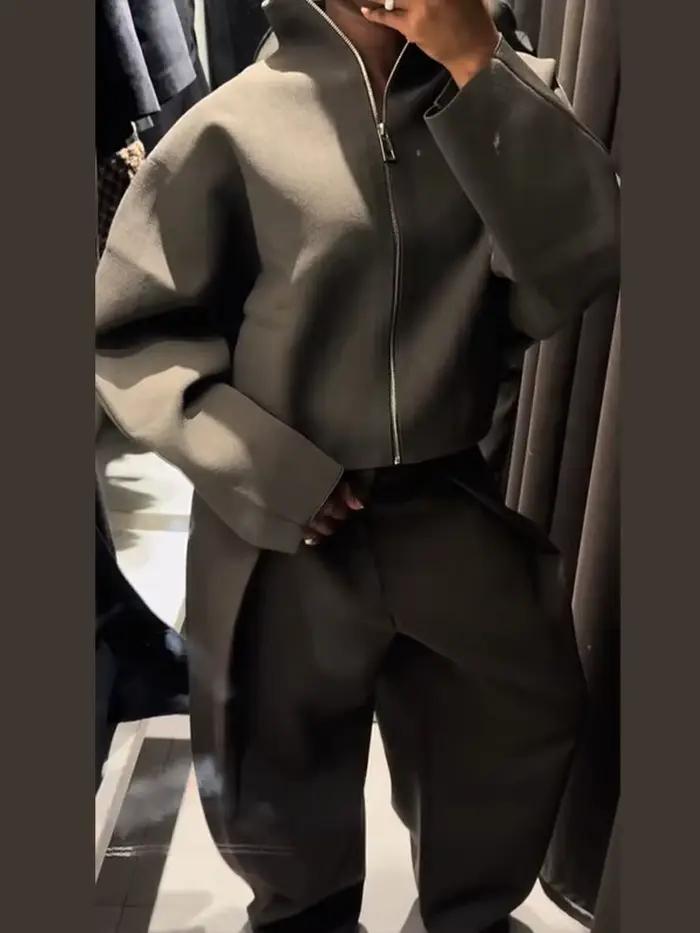 Veste courte en tricot pour femmes, col montant, fermeture éclair, manteau ample à manches longues,