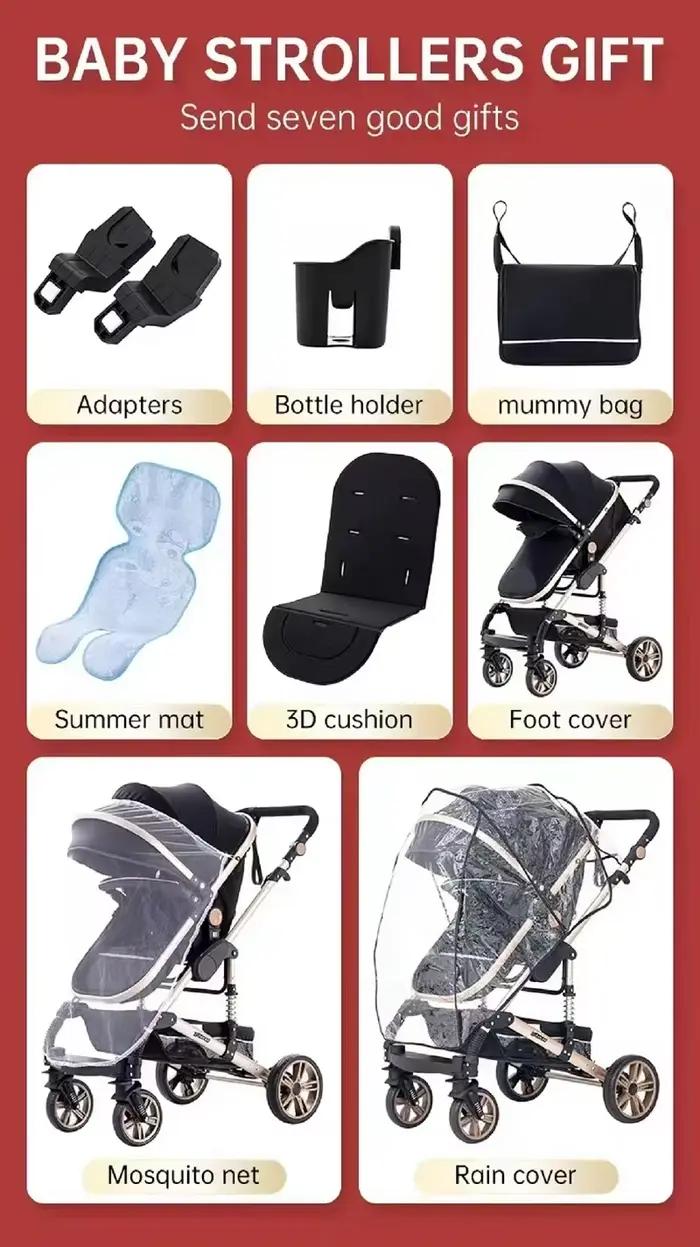 Poussette bébé pliable 3-en-1, poussette haute avec capote réglable et amortisseur, chariot portable