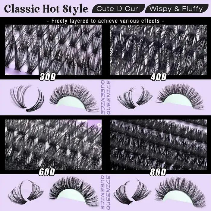 QUEENICE 800 pièces de faux cils en grappe de longueur mixte | Léger, doux, facile à appliquer, De
