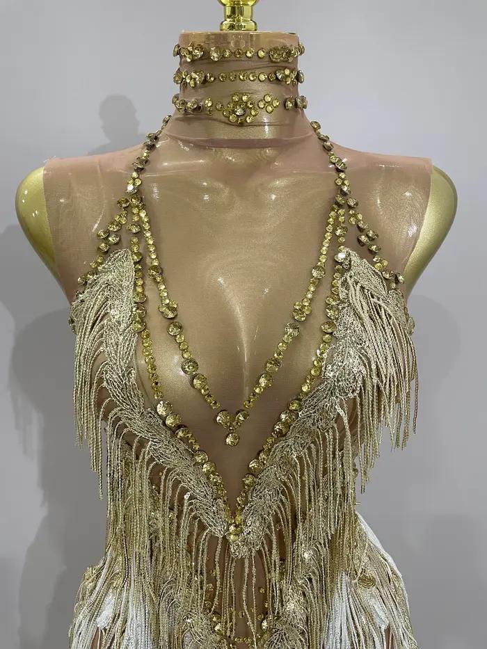 Stock 2025 femmes Sexy maille extensible brillant strass glands Mini robe discothèque chanteur danse