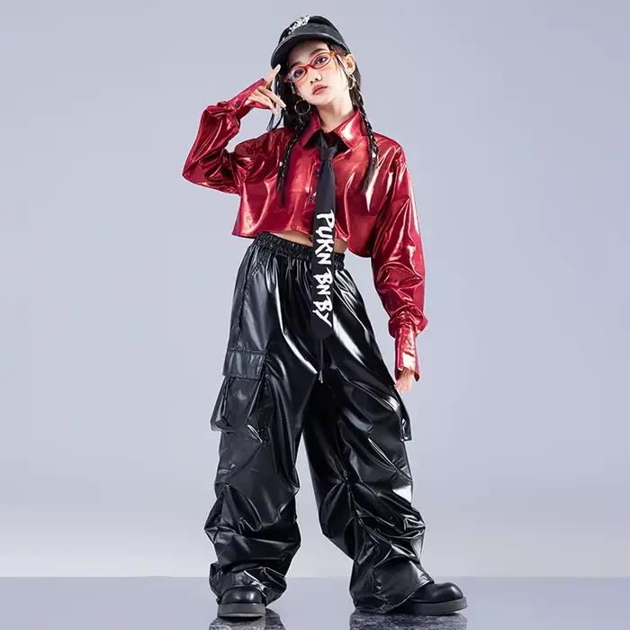 Haut court rouge à manches longues, pantalon en cuir, Costume de danse Jazz, vêtements pour filles,