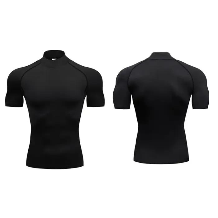 T-shirts à Compression unie pour hommes, T-shirts de course d'été à col roulé, élastiques à séchage
