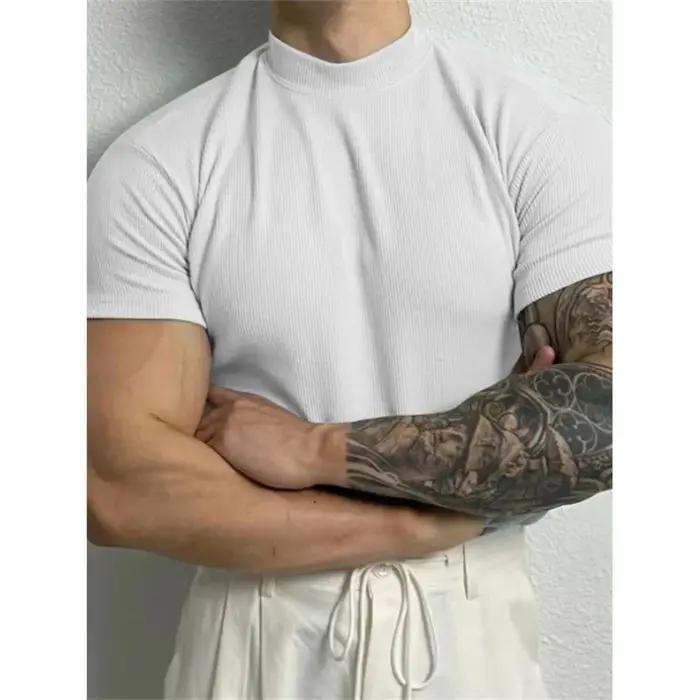Printemps été élastique hommes T-shirt petit col haut rayure chemise à manches courtes haut de fitne