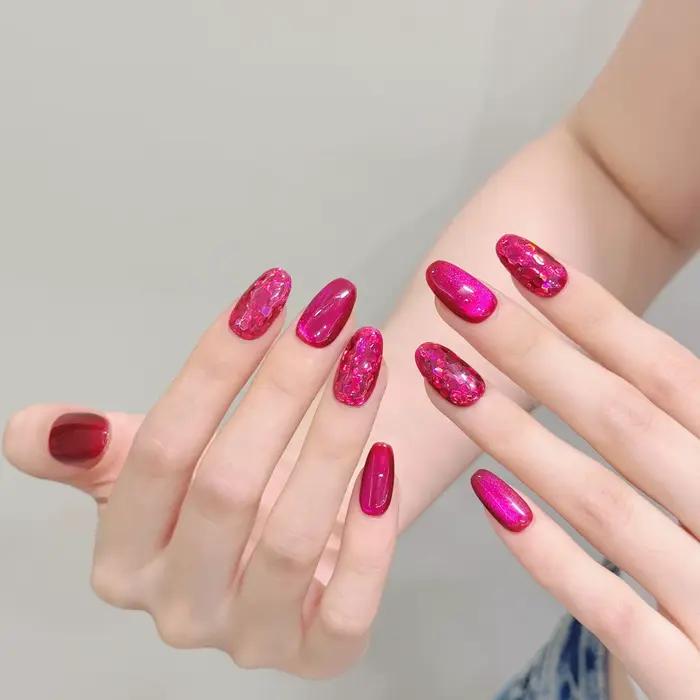 10 pièces Rose rouge oeil de chat presse sur ongles solide Pitaya couleur amande à la main faux ongl