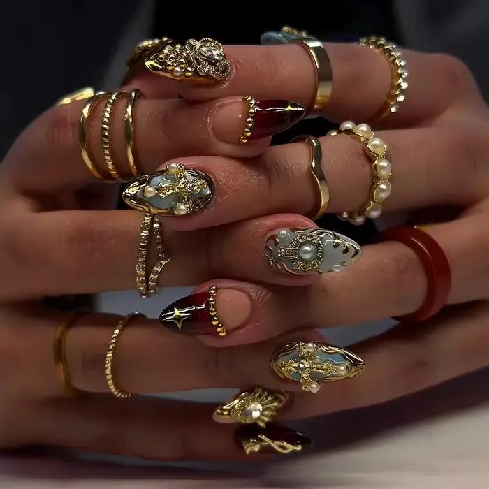 24 pièces faux ongles courts en amande ailes de papillon Nail Art avec colle paillettes fleur faux o