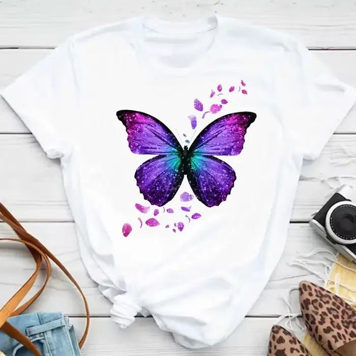 Nouvelle mode femmes T-shirt coloré papillon pétale imprimé à manches courtes et col rond mignon gra