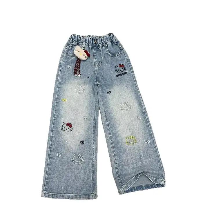 Jeans à jambes larges pour filles, printemps-automne, taille haute, pantalon long, vêtements pour en