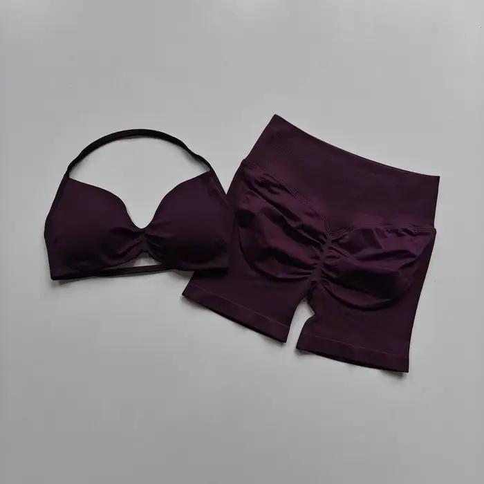 Ensemble de yoga deux pièces sans couture pour femme : soutien-gorge de sport push-up à col halter e