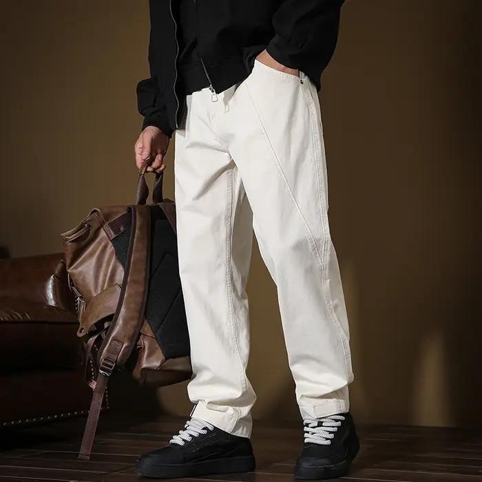 Pantalon drapé rétro américain blanc cassé pour homme, streetwear printemps/été, grande taille 40, p