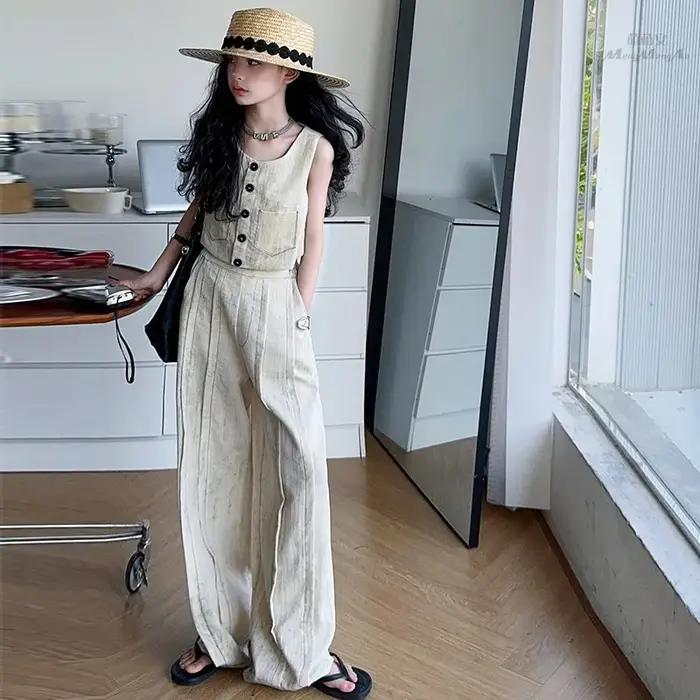 Ensemble de vêtements d'été pour adolescentes de 4 à 14 ans, gilet sans manches + pantalon décontrac