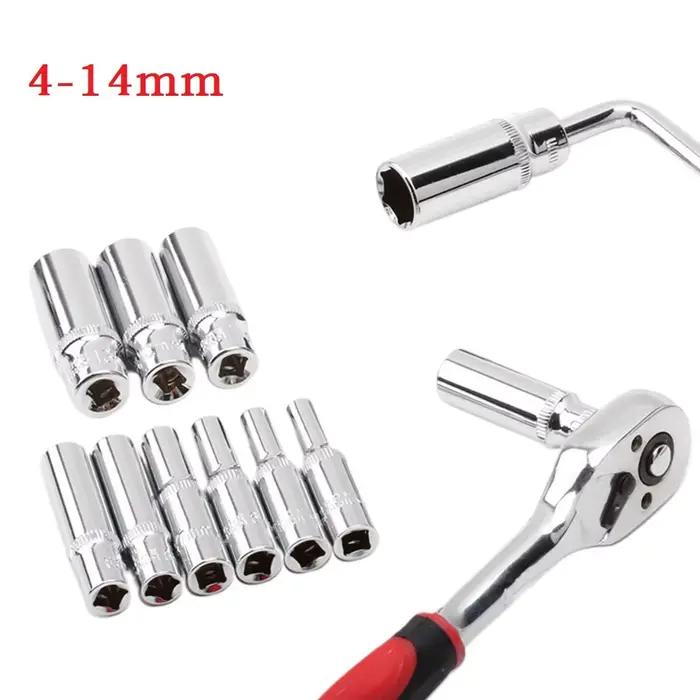 Adaptateur de douille profonde de 4 à 14mm, clé à douille hexagonale de 1/4 pouces, outil à cliquet,