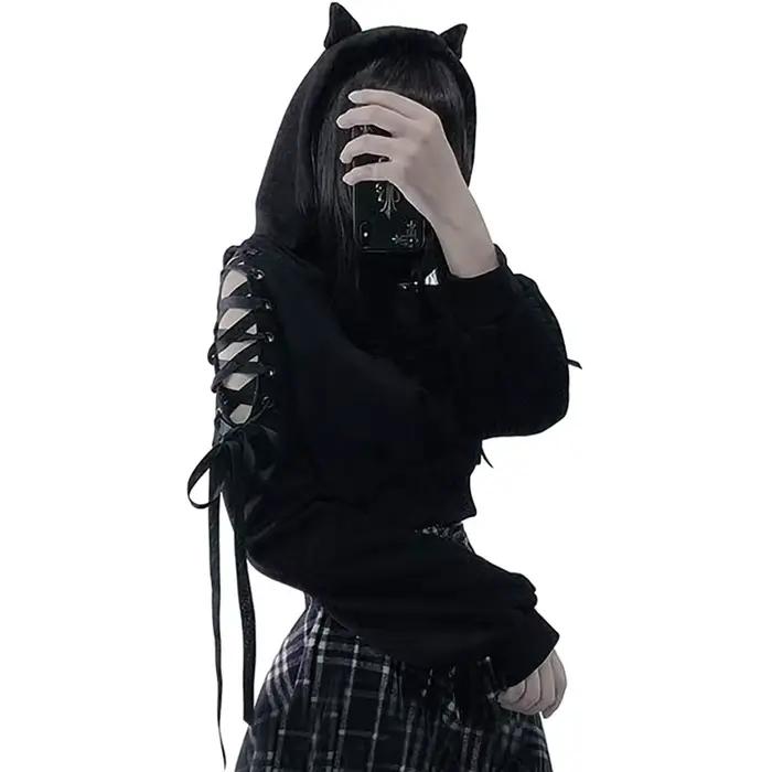 Y2k gothique femmes à capuche chat oreille haut court sweat à capuche évider à lacets à manches long