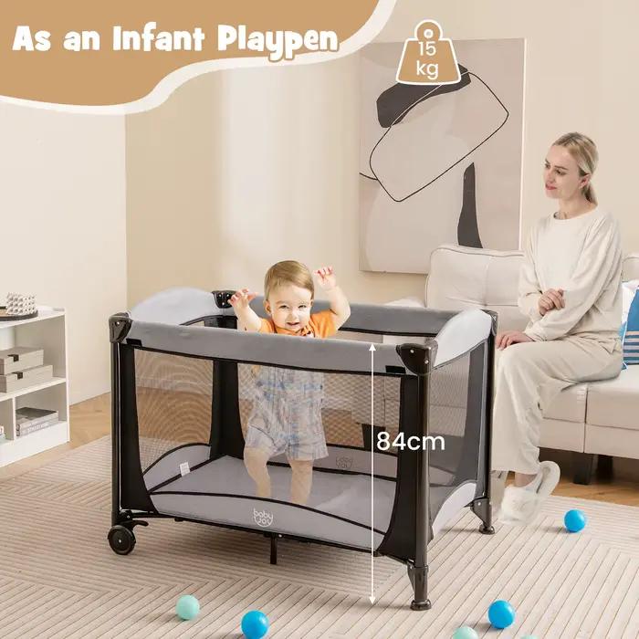 Lit d'appoint 5 en 1 avec roulettes, lit de voyage pliable avec matelas, lit 2 niveaux avec matelas