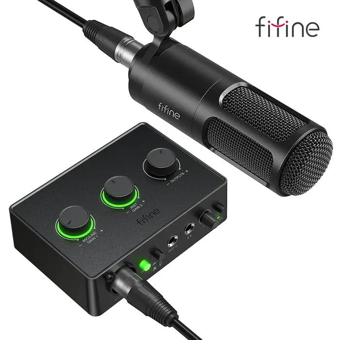FIFINE-Kit Podcast avec Micro ociamique/Carte Son, Studio Tout-en-un avec Centre Audio pour PC Strea