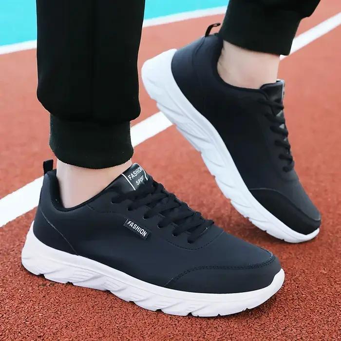 Chaussures de Course Légères et Larges en Cuir Noir pour Homme, Baskets de Marche Plates et Conforta