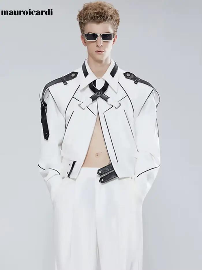 Mauroicardi-Veste courte en cuir patchwork pour homme, manches longues, piste, cool, luxe, vêtements