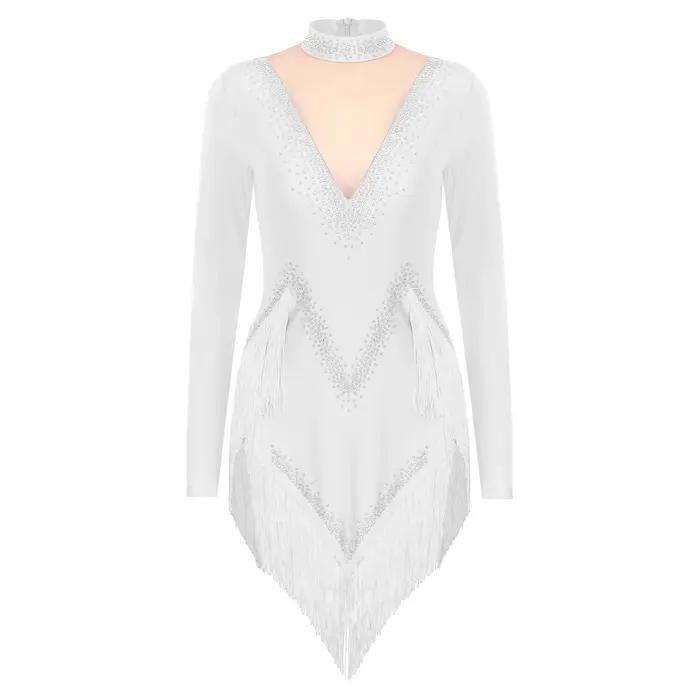 Body de danse latine à franges pour femmes, robe justaucorps à manches longues, vêtements de danse S