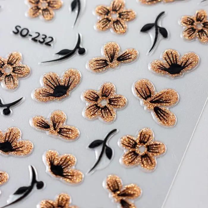 Autocollant 3D pour ongles, 2 pièces, noir, or, paillettes, fleur, pétales brillants, feuilles, Nail