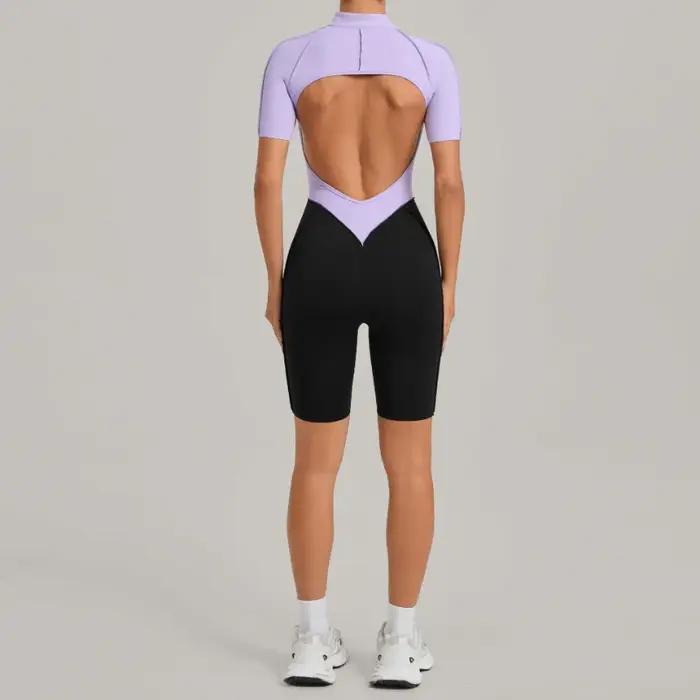 Combinaison de sport une pièce à fermeture éclair pour femme, dos en V, sans manches, dos nu, pour y