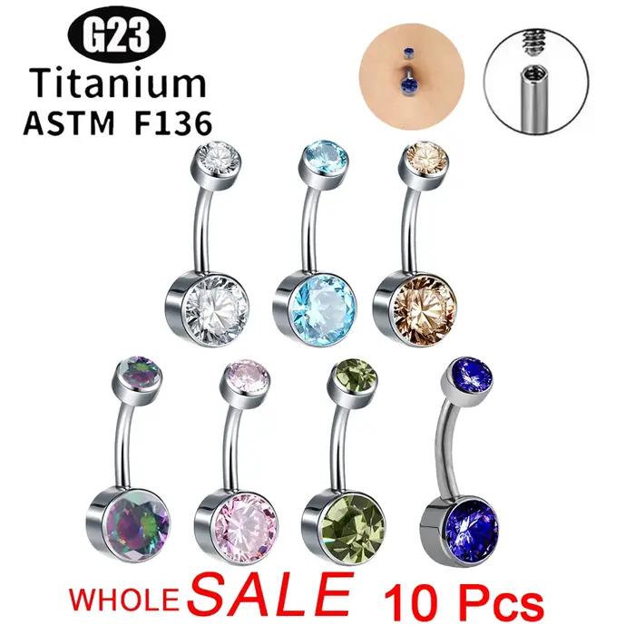 Anneau de nombril rond en titane G23 5A, Zircon CZ, bijoux de corps, ensemble de lunette filetée int