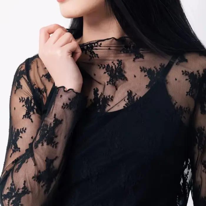 Chemisier à fond en dentelle pour femmes, T-shirt à manches longues en maille, haut court, Style étr