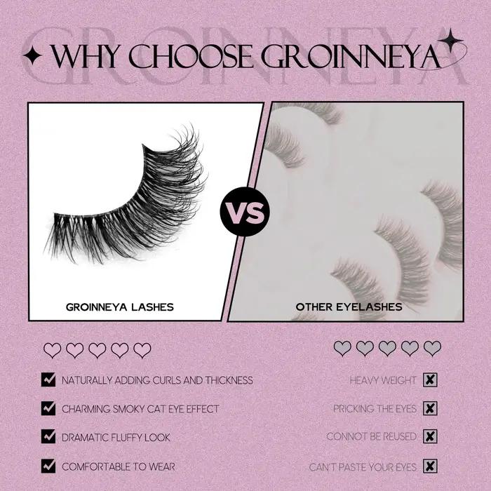 GROINNEYA demi cils doux naturel oeil de chat cils aspect naturel bande invisible cils demi faux cil