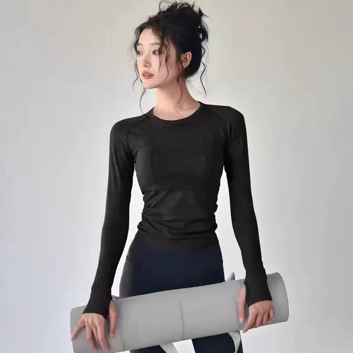 Haut de yoga pour femmes col rond sans couture t shirt de gym adapté aux sports d hiver fitness running yoga activité physique
