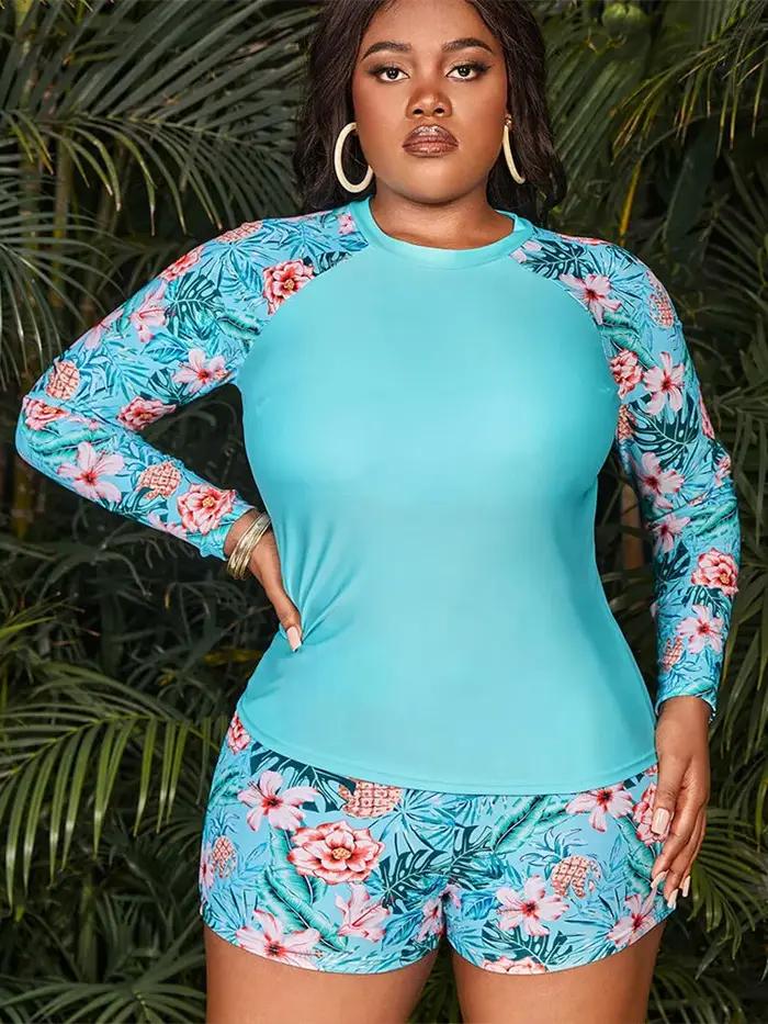 Grande taille maillots de bain femmes imprimé à manches longues maillot de bain deux pièces Sport su
