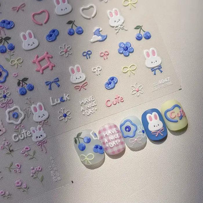 Autocollants pour ongles lapin 5D Kawaii, 1 pièce, dessin animé japonais, fleur rose bleue, adhésif,