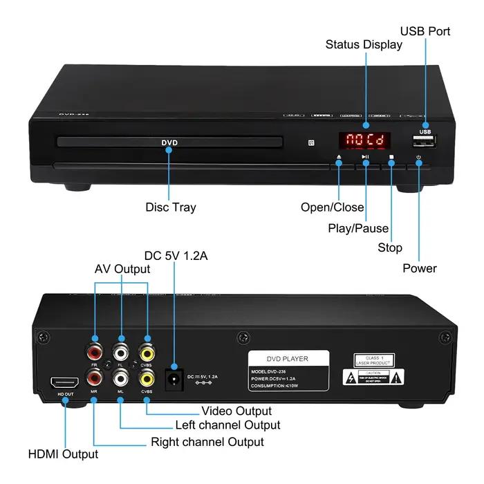 Lecteur DVD DVD 238 1080P HD lecteur DVD multimédia à domicile lecteur DVD boîte pour TV lecteurs CD