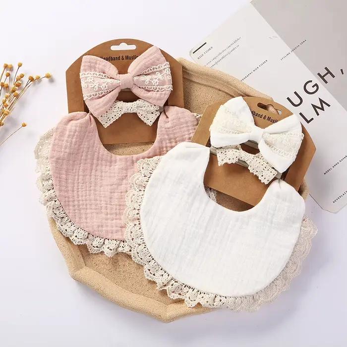 3 pièces/ensemble solide mousseline coton bambou bébé bavoir gland dentelle garçon fille alimentatio