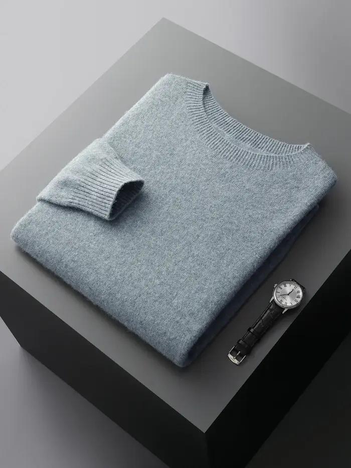 Pull basique en laine sans couture pour homme, col rond, couleur unie, 100% laine mérinos, tricot dé