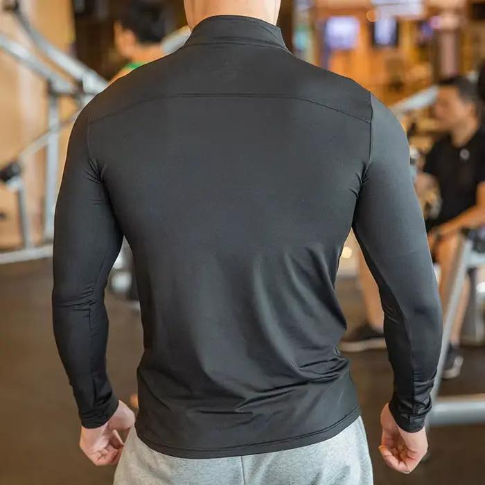 T-shirt de sport à manches longues pour hommes, coupe cintrée, demi-fermeture éclair, col montant, p