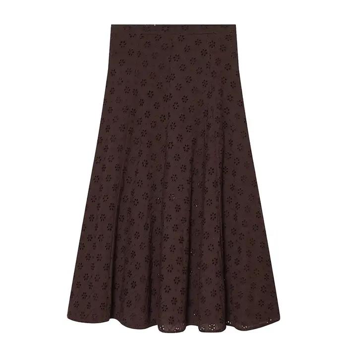 YENKYE Nouvelle jupe midi marron brodée ajourée pour femme 2026, décontractée, taille haute, coupe t