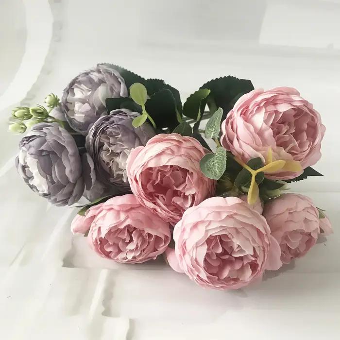 Bouquet de fleurs artificielles pivoine en soie Rose 30cm, 5 grandes têtes et 4 bourgeons, fausses f