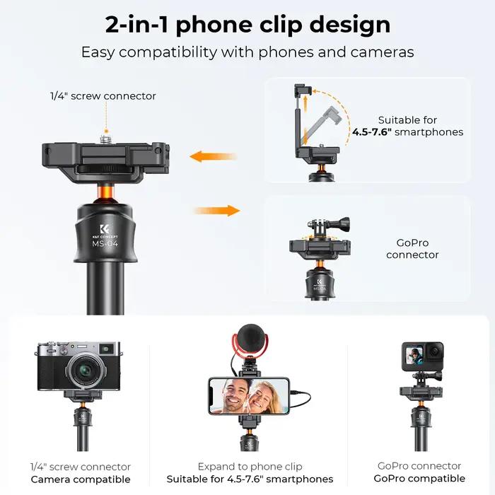 K&F CONCEPT MS08 Trépied pour téléphone portable 62''/1,58 m, bâton à selfie noir et orange avec tél