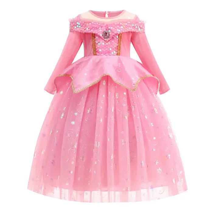 Robe de princesse Aurora pour filles, robe longue en tulle rose à paillettes, couronne, baguette mag