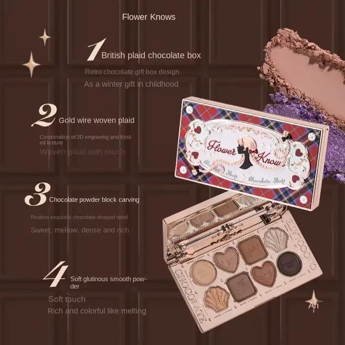 Flower Knows Chocolate Shop Palette de fards à paupières hautement pigmentée Shimmer Mat Glitter Omb