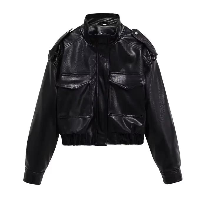 ETJ 2025 Nouvelle collection femme : veste courte moto col montant Y2K grande poche veste en simili