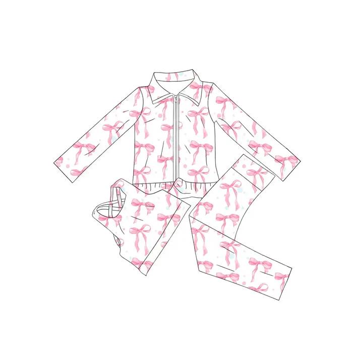 Vente chaude enfants vêtements pétoncle école fille deux pièces vêtements à volants arc Boutique fil