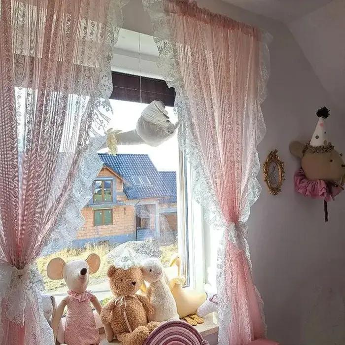 Rideau transparent en dentelle à fleurs rayées roses, romantique coréen, avec poche en dentelle à vo