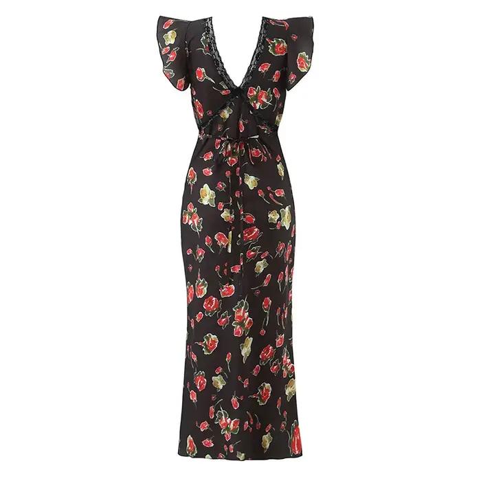 YENKYE romantique dentelle garniture imprimé fleuri crayon robe Sexy femmes manches volantes col en