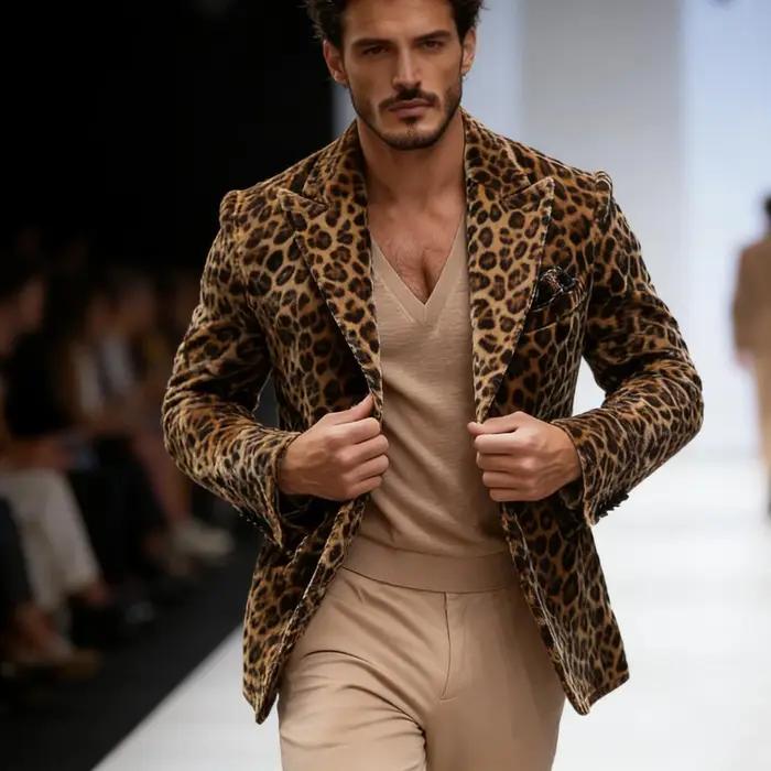 Blazer léopard de luxe pour homme, coupe ajustée, revers pointus, simple boutonnage, veste 1 pièce,
