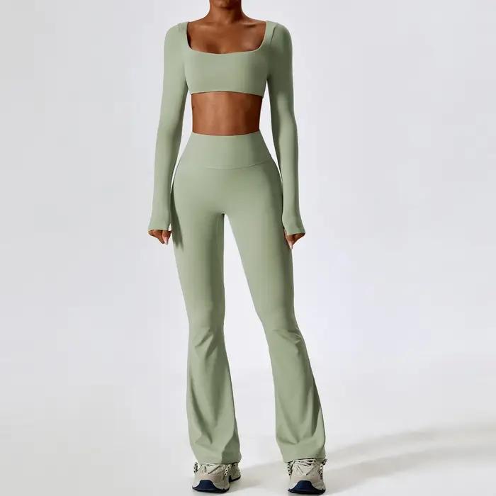 Ensemble survêtement 2 pièces femme haut court manches longues leggings yoga gym