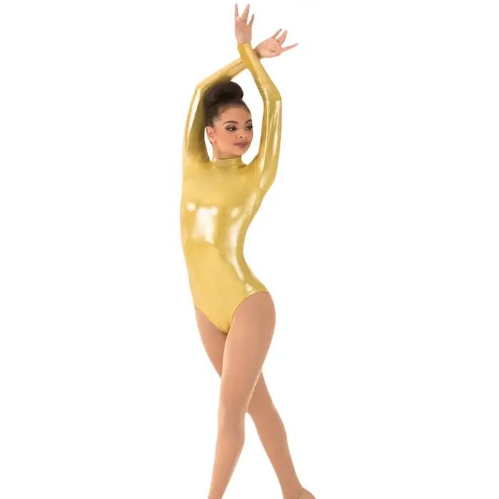 Justaucorps de gymnastique à col roulé métallique brillant pour filles et femmes, Costumes de danse