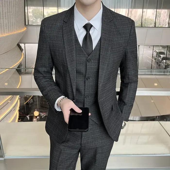 Costumes (blazer + gilet + pantalon) hommes mode affaires décontracté hôtes coupe ajustée Gentleman