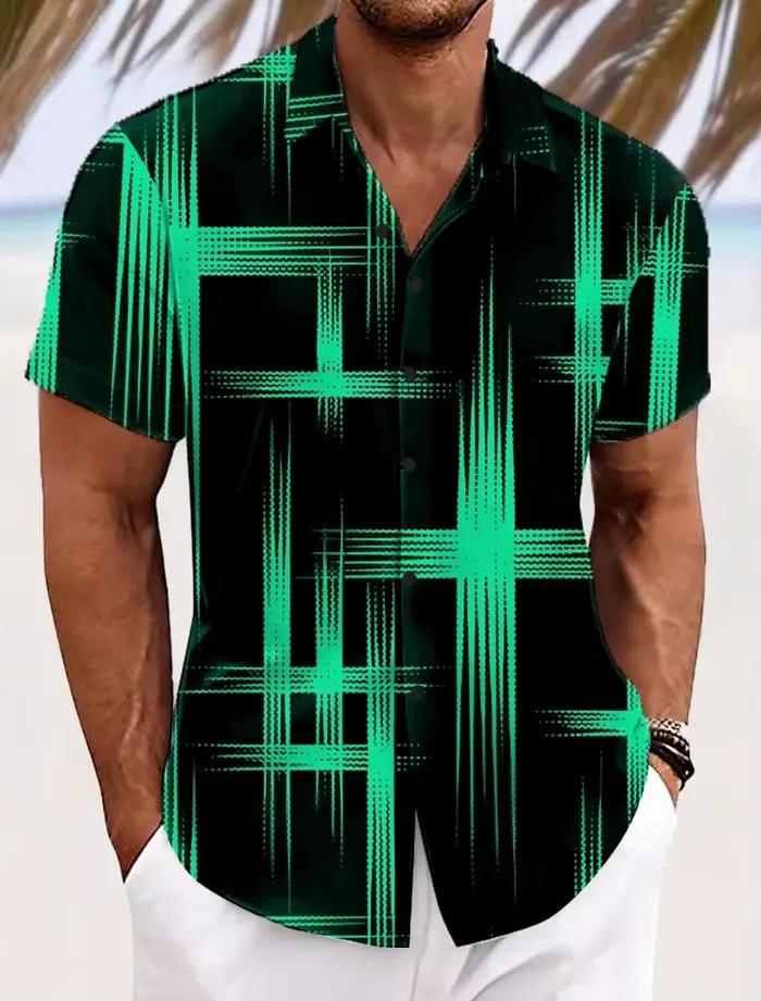 Chemise à carreaux à grille géométrique pour hommes, couleur dégradée, boutonnée, manches courtes, m