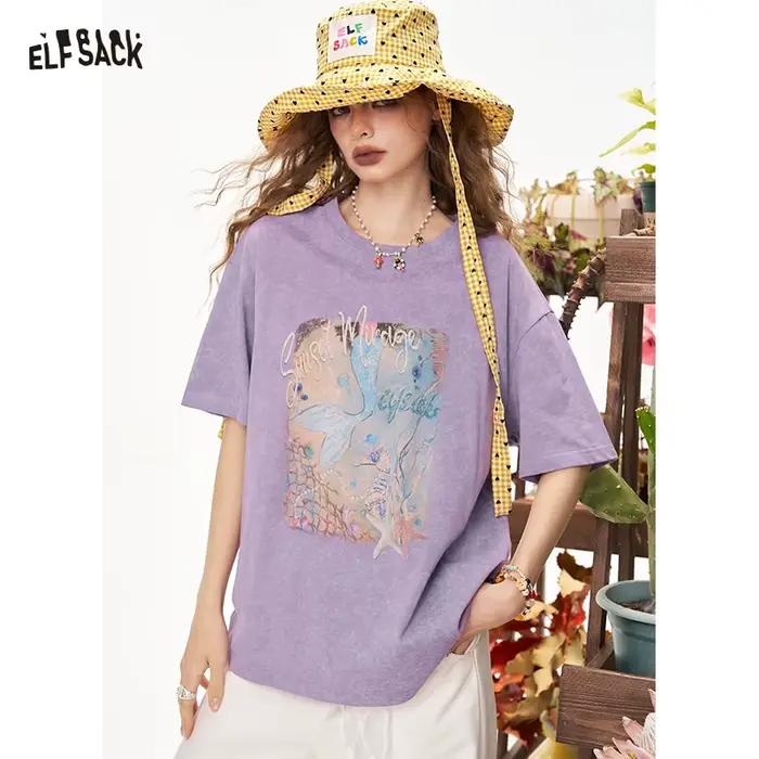 ELFSACK T-shirt surdimensionné à imprimé sirène pour femme, tee-shirt violet délavé vintage avec mot
